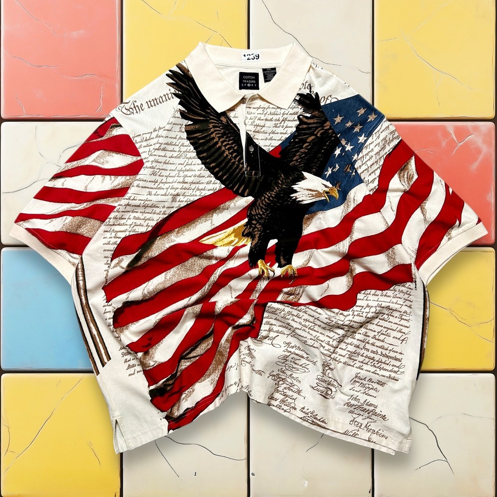 VTG Cotton Traders Sport USA Polo Y2K Men 2XL Patriotic Eagle American‎ Flag Tee